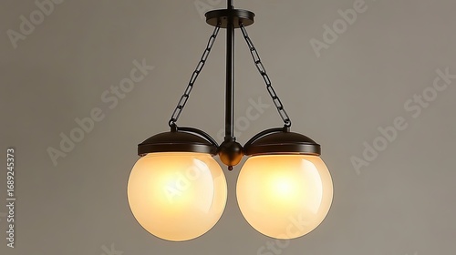 Elegant Double Globe Chandelier with Warm Amber Glow and Dark Metal Accents