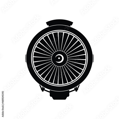 Black and white illustration of a jet engine turbine from a top down view