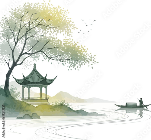 Tranquil traditional chinese landscape painting featuring a serene lake a lone boatman and a classic pagoda nestled under a blossoming tree