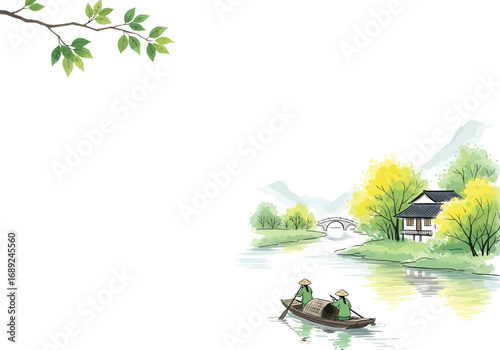 Traditional chinese ink wash painting of a serene riverside village with a boat and lush green trees in springtime