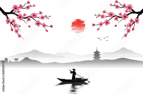 Serene japanese landscape with a lone fisherman in a small boat beneath blooming cherry blossoms and distant pagodas