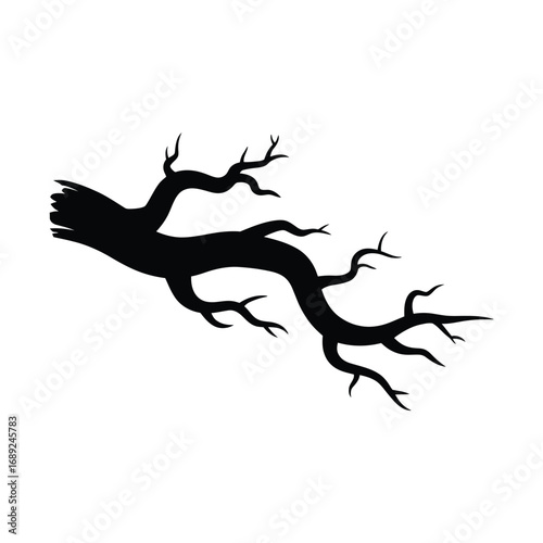 Silhouette of a gnarled dead tree branch against a white background
