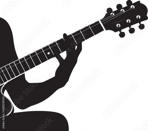 Acoustic Guitar Silhouette with Hand on Fretboard for Musical Instrument Design
