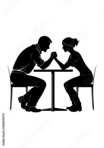 Silhouette of Man and Woman Arm Wrestling at Table