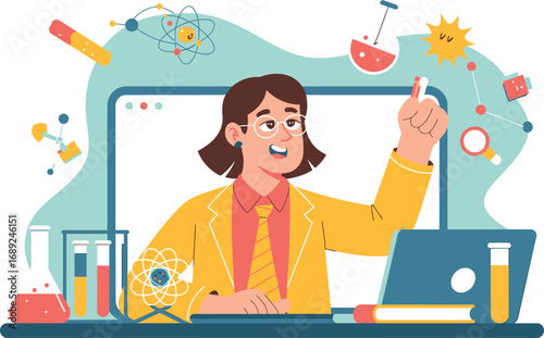 Scientist teaching online with lab equipment