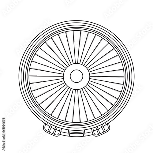 Stylized line art illustration of a jet engine turbine fan