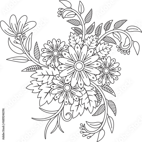 Relaxing flowers coloring page artistic outline botanical design for creative expression white background
