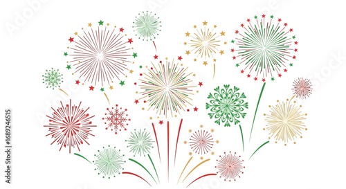 Colorful fireworks burst against a white background, celebrating a festive occasion with vibrant explosions of light.