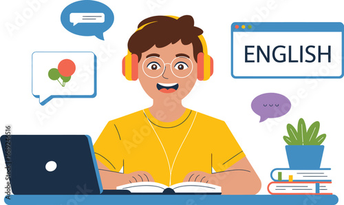 Young student learning English online with headphones and laptop
