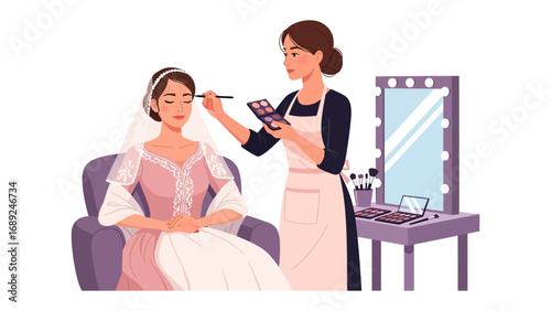 Bridal makeup artist applying cosmetics to a bride in a salon with a lighted mirror