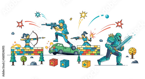 Cartoonish Battle Scene with Soldiers, Weapons, and Explosions in a Stylized Environment.