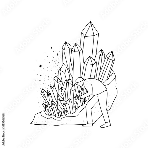 Line art illustration of crystal mining with man examining crystals for gemology and geology study of minerals