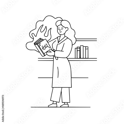 Illustration of woman reading book in library vector art line drawing design for education and learning resources