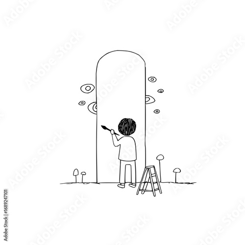Artistic expression illustration of a person painting a portal with eyes and mushrooms in black and white