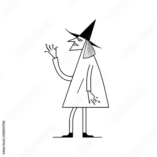 Cartoon witch illustration for halloween design with hat and pointy nose vector drawing isolated on white
