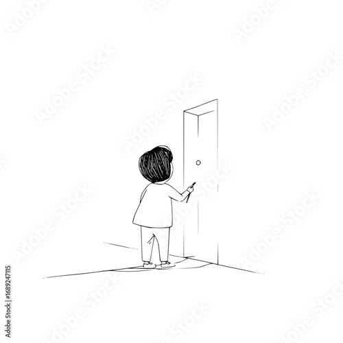 Drawing of a child knocking on a door with a pencil sketch art illustration simple line art black and white design