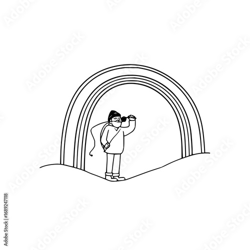 Man with spyglass under rainbow illustration vector art drawing simple minimal line art design graphic artwork