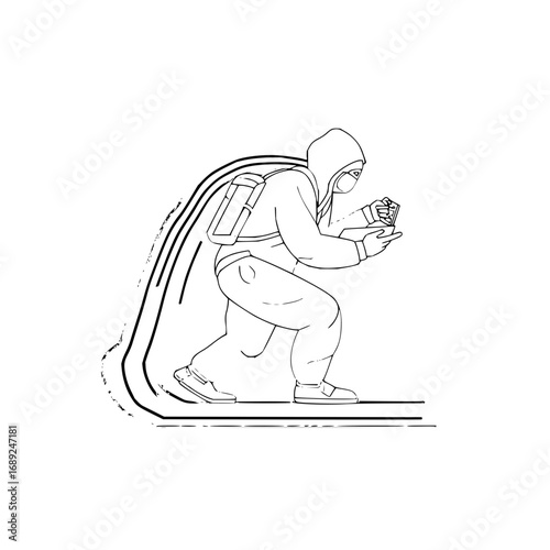 Man with backpack spraying graffiti art vector illustration street art drawing outline vandalism design 100