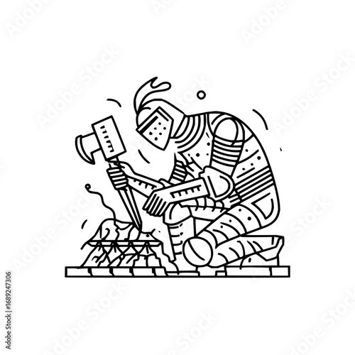 Medieval knight illustration with axe in black and white line art vector drawing historical warrior design