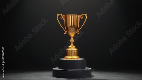 Golden trophy displayed elegantly on a pedestal against a dark backdrop.