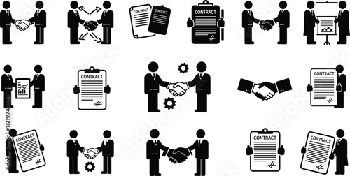 Business contract and handshake icons, agreement, deal signing, partnership, legal documents, negotiation, business cooperation, teamwork, success, corporate icons.