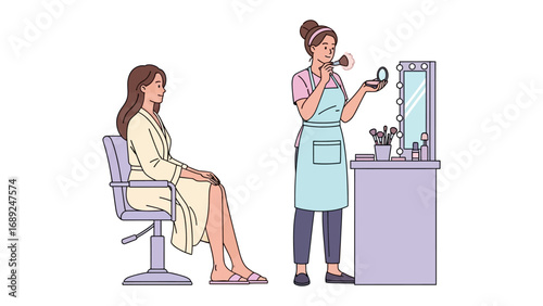Professional makeup artist applying cosmetics to a seated client in a brightly lit salon setting