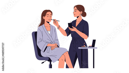 Professional makeup artist applying cosmetics to a seated woman in a salon setting