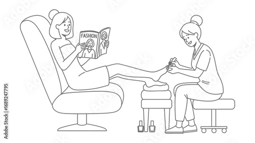 Woman relaxing in a salon chair reading a book while receiving a pedicure treatment