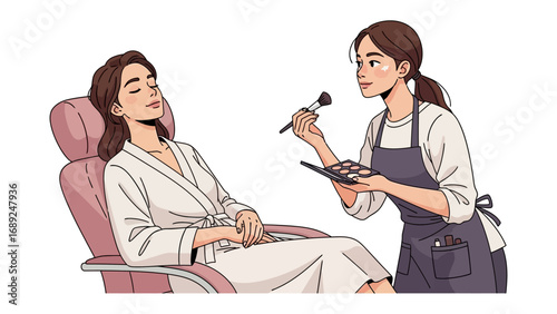 Professional makeup artist applying cosmetics to a relaxed client seated in a comfortable chair