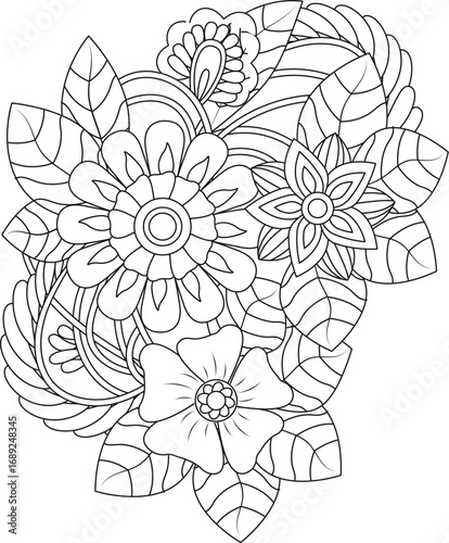 Relaxing floral bouquet outline coloring page for adults and kids peaceful garden flowers white background