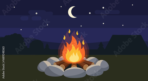 Cozy campfire under the night sky A serene outdoor scene featuring a glowing bonfire