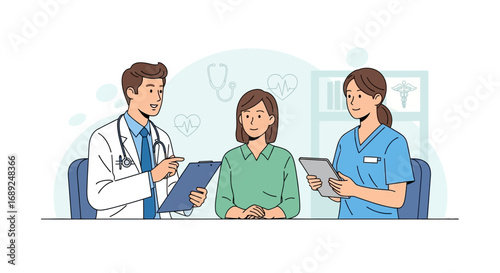 A doctor and nurse consulting with a patient, discussing medical information in a clinic setting.