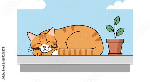 A Contented Cat's Peaceful Nap Resting on a Ledge Beside a Houseplant Under a Blue Sky