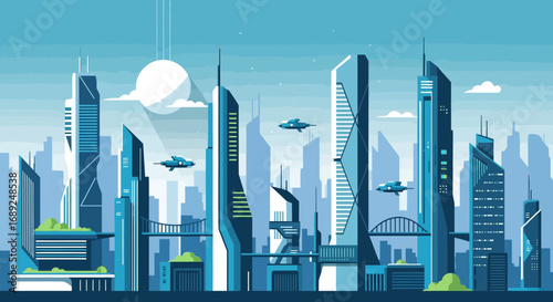 Futuristic smart city skyline illustration showcasing advanced architecture and flying vehicles. Vision of technological progress and sustainable urban living