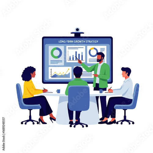 A diverse business team collaborates around a table, attentively listening as their leader presents a long-term growth strategy on a large screen.