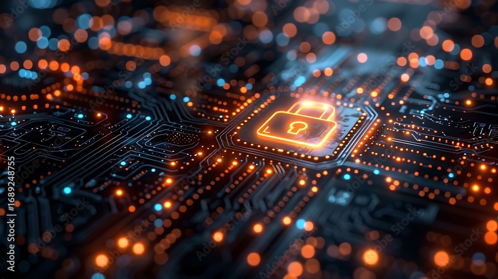 Obraz premium Secure digital network with a glowing padlock and a circuit board, protecting data and systems