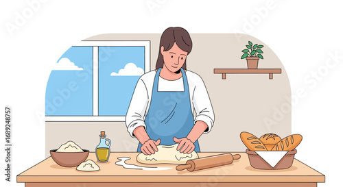 Dedicated woman kneads fresh dough on a kitchen table, surrounded by baking ingredients, creating homemade bread with passion and care in a cozy home