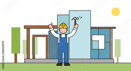 Construction worker with hammer building a modern house with glass windows and wooden accents under a sunny sky