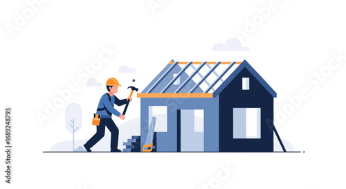 Skilled construction worker diligently building a modern house, showcasing the essential stages of home development and renovation project with tools