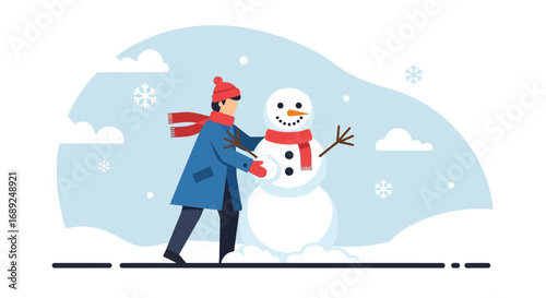 Building a snowman in winter with snowflakes, scarf and hat in a landscape illustration