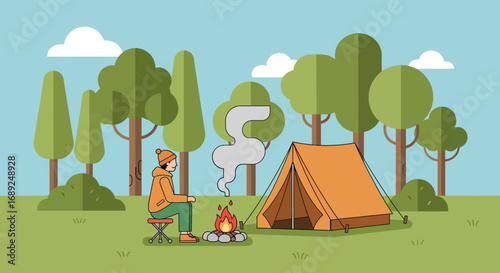 Peaceful Camping Scene with a Tent, Campfire, and Forest Background
