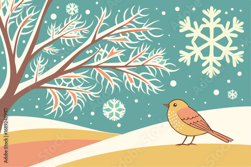 Vintage snowflakes falling background with a bird and tree in a pastel color palette for winter theme