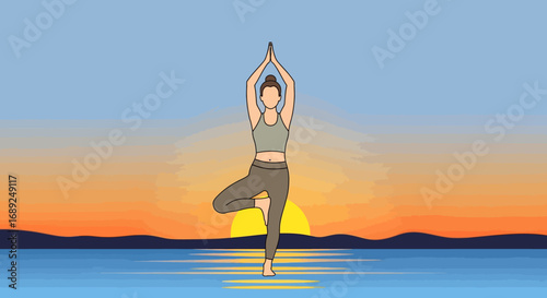 Zen Morning Serene Woman in Tree Pose at Sunrise, Embracing Balance and Tranquility