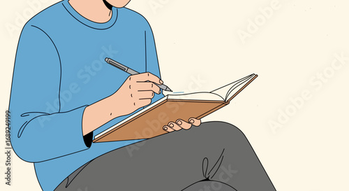 Illustration of a person engaged in creative writing or journaling in a notebook, capturing a moment of quiet contemplation and self-expression