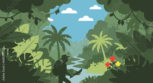 Vibrant jungle landscape illustration with a hiker exploring a lush forest river path surrounded by tropical foliage and palm trees under a clear blue sky with clouds