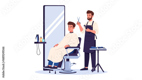 Professional barber giving a stylish haircut to a client in a modern salon setting