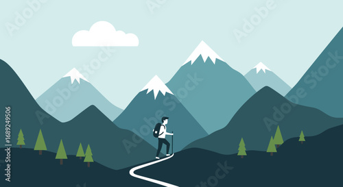 A solitary hiker trekking on a winding path through a vast mountain landscape, illustrating the concept of adventure and discovery