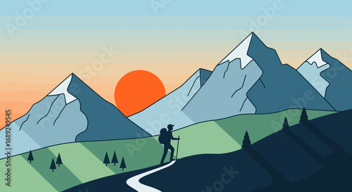 Solo traveler on a hiking expedition through a vast mountain landscape, illustrating the concept of exploration and freedom