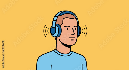 Flat design vector illustration of a young man wearing blue headphones, listening to music, a podcast, or an audiobook on a yellow background