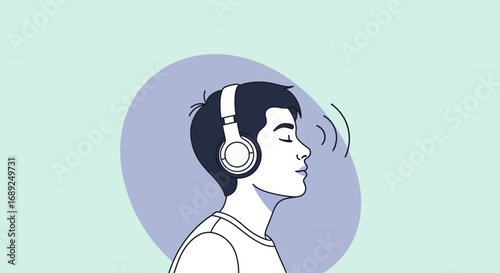 Illustration of a young man with eyes closed, enjoying music or a podcast on his headphones for relaxation and mindfulness